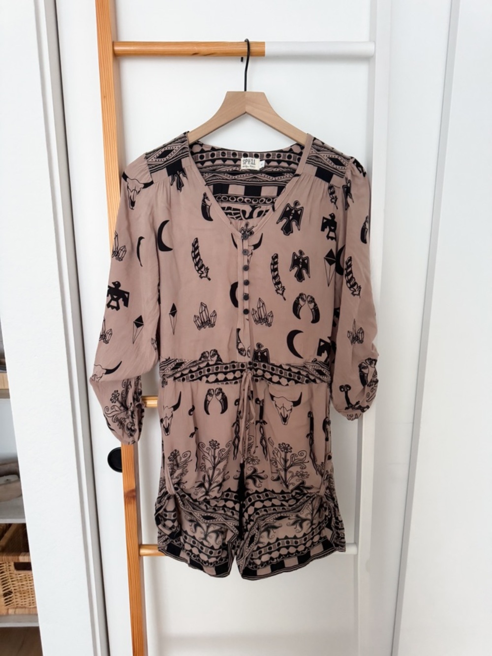 Spell & The Gypsy Tribal Romper Thunderbird Tassel Boho Taupe Brown - Picture 3 of 14